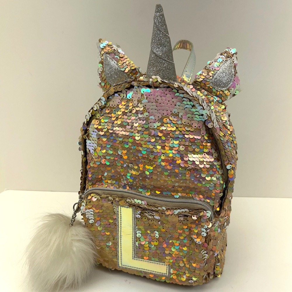 Justice Unicorn Glitter Mini Backpack Initial L Sequin Gold Iridescent Magical